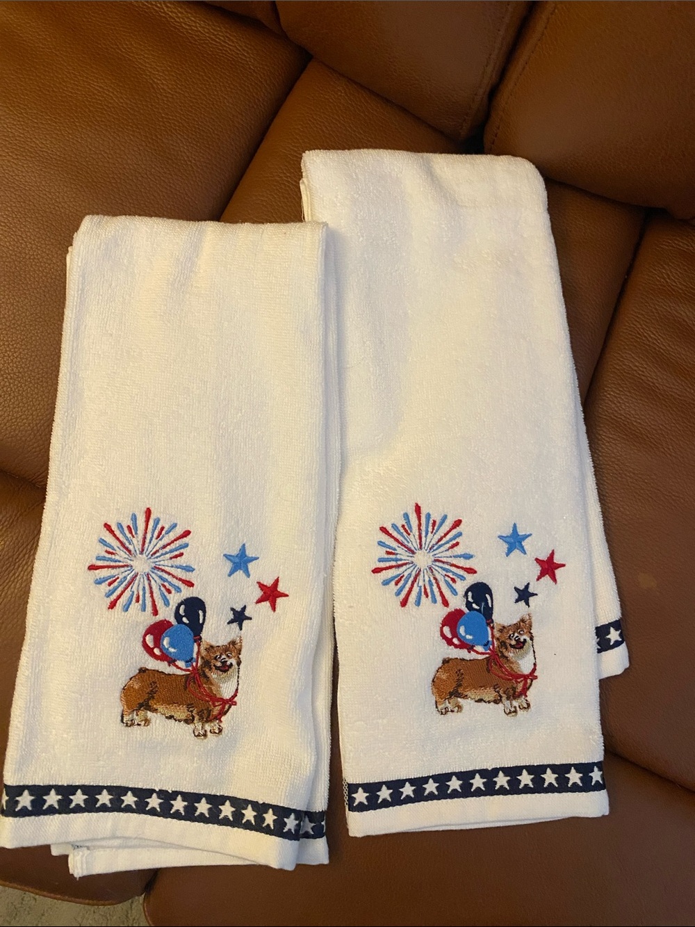 Set of 2 White Embroidered Corgi Kitchen Towels with Patriotic Stars